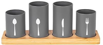 Innoteck Essentials 4pc Kitchen Cutlery Holder Set - Modern Farmhouse Kitchen Décor - Natural Bamboo - Matt Grey Utensil Crock - Vintage Organizer - Countertop Storage