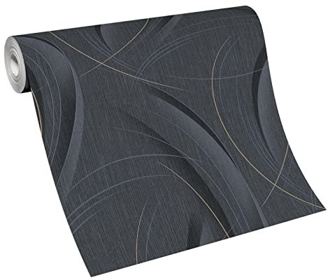 BRICOFLOR Anthrazit Tapete mit goldenen Linien | Moderne Vliestapete schwarz ideal für Wohnzimmer und Esszimmer | Vlies Mustertapete modern