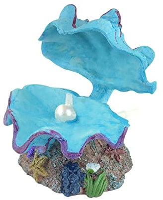 FuninCrea Shell Aquarium Air Bubbler Decorations - Resin Ornaments with Scallop Pearl Air Stone - Fish Tank Landscaping (Blue)