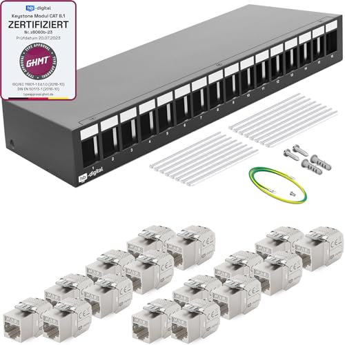 HB-DIGITAL 16-Port Patchpanel Patchfeld Verteilerfeld 1 HE 16x CAT 8 RJ45 Keystone Jack Modul - GHMT Zertifiziert - vollgeschirmt STP 40 Gbps Kompatibel mit Verlegekabel Netzwerkkabel LAN - Schwarz