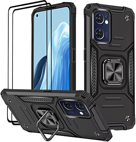 KANSi Hülle für Oppo Find X5 Lite, Schutzfolie [2 Stück] Silikon TPU Hart PC Handy Hüllen 360 Grad Drehbar Ringhalter Bumper Stoßdämpfung Schutzhülle - Schwarz