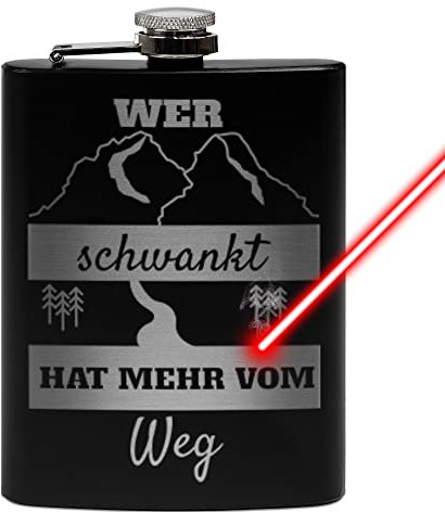 PR Print Royal Flachmann mit Gravur aus Edelstahl mit Spruch - Wer schwankt hat mehr vom Weg - Geschenkidee für Freunde & Familie - Praktische Taschengröße | Schwarz, 225 ml, Lasergravur