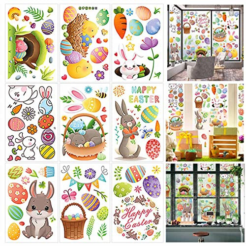 XQMMGO Oster-Dekoration, selbstklebend, 9 Blatt Fensteraufkleber, doppelseitig, für Fensterdekoration zu Ostern und Frühling (Kaninchen)
