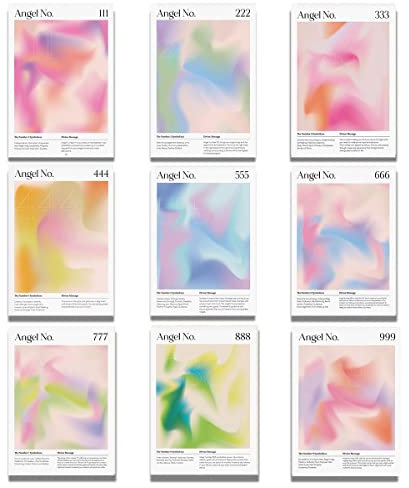 PHIMIITA Engel Number Aura 9 Stück, Aura-Poster, trendige, spirituelle Wandkunst, Farbverlauf, Wandkunst-Set, Leinwanddrucke Wandkunst (20,3 x 25,4 cm, ungerahmt