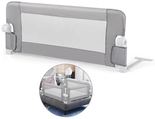 COSTWAY Bettgitter klappbar, Bettschutzgitter mit Verstellbarer Gurte, EIN-klick-Faltung, Rausfallschutz Bett 180° faltbar für Elternbetten, Kinderbetten (Grau, 105x42cm)