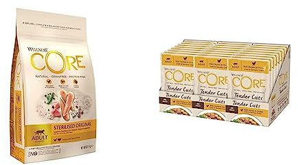Wellness CORE Sterilised Original & Tender Cuts, Katzenfutter nass, zarte Stückchen in Sauce, getreidefrei, mit hohem Fleischanteil, Huhn & Hühnerleber, 24 x 85 g