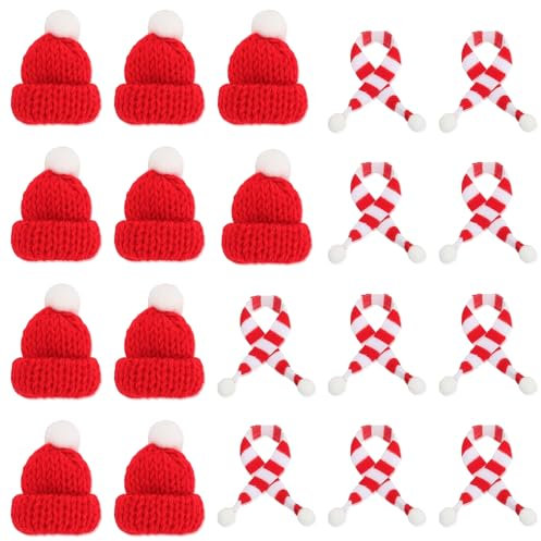 mizikuu 20 Stück Mini Weihnachtsmütze, Mini Weihnachtsmütze und Schal Set, Mini-Strickmütze des Weihnachten, Nikolausmütze Klein für Weihnachten Weinflasche Abdeckung, Puppenhaus, Weihnachtsfeiern