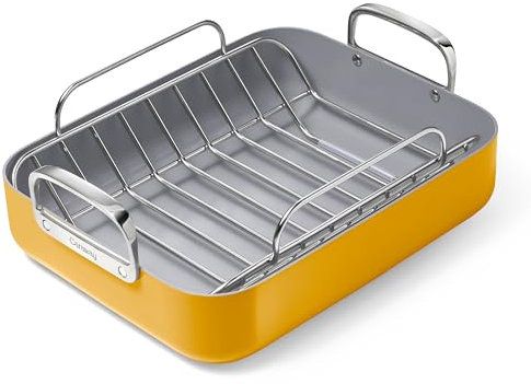 Caraway Bräter – 40,6 x 33 cm Bräter mit Rost – Antihaft-Keramikbeschichtung – ungiftig, PTFE- und PFOA-frei – ofenfest und kompatibel mit allen Herdarten – Ringelblume