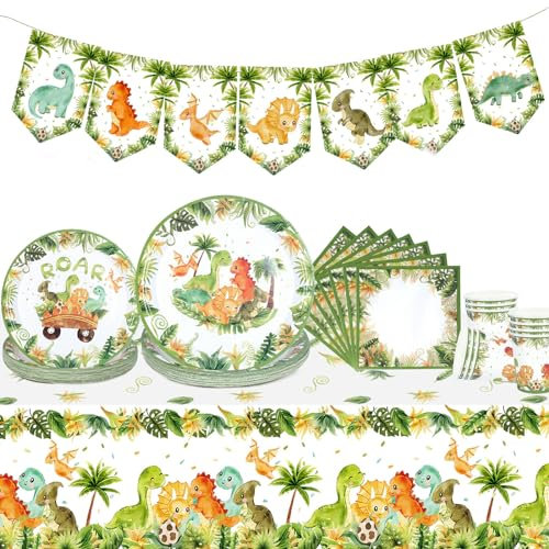 Dinosaur Birthday Decorations, 98Pcs Dinosaur Party Plates Cups And Napkins With Tablecloth & Banner,Dinosaur Paper Plates,Jungle Green Paper Plates Set For Safari Birthday Decorations Boy Baby Shower