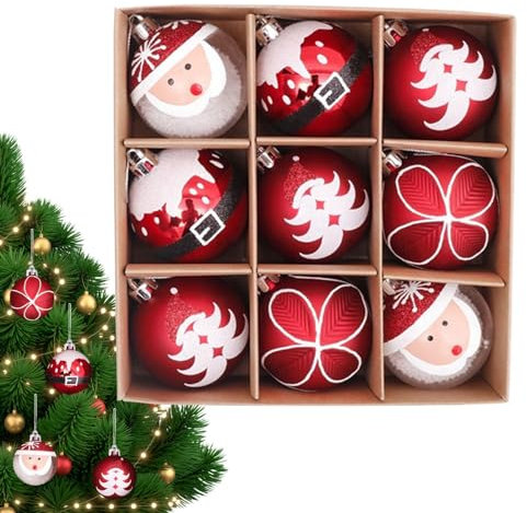 Aizuoni Weihnachtsschmuck Kugeln,9 Stück Handbemalte Bunte Weihnachtskugeln | Klassische Christbaumkugeln Für Weihnahctsdeko Landstraße Rot Eukalyptus Grün Und Gold