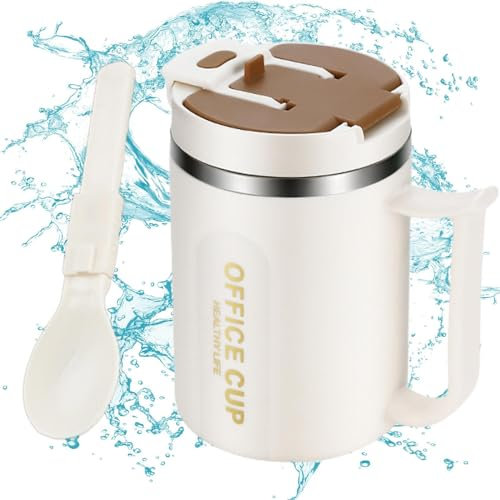 Idezek Isolierbecher mit Henkel, 500 ml Edelstahl-Isolierbecher mit Griff und Strohhalm, Reisekaffeetasse für heiße Getränke, Reisekaffeetasse für den Innen- und Außenbereich