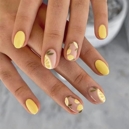 Lot de 24 faux ongles courts ovales à coller sur les ongles jaunes à coller sur les ongles à presser - Faux ongles amovibles en acrylique - Couvrance complète - Pour femmes et filles - Accessoires de