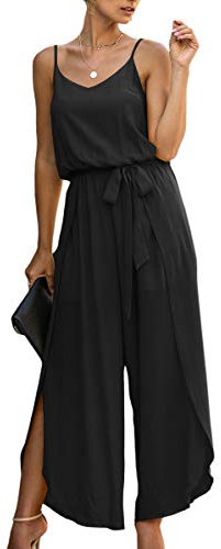 ASOMI Jumpsuit Damen Sommer Lang: Sexy Cocktail Elegant Mode Gürtel Overall Hochzeit Hawaii Urlaub Strand V-Ausschnitt Hosenanzug Business Baggy Festlich Spaghettiträger Outfit 84Schwarz L