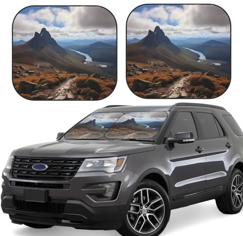 2 Piece Car Windshield Sun Shade Foldable Front Windshield Shade for Car Funny Auto Sun Protector Cradle Mountain Summit Car Front Window Cover Sun Visor for Most Sedans SUV Truck