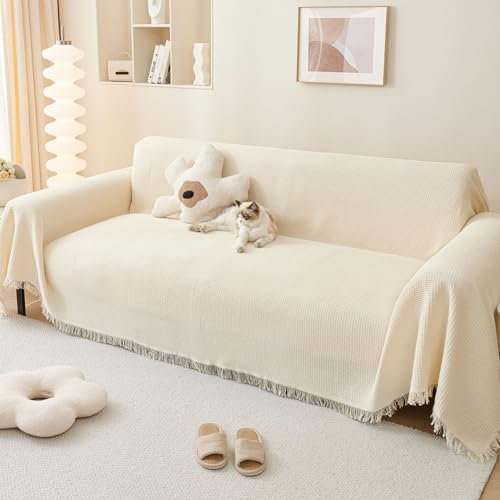 LHGOGO Waffel Muster Sofa Decke mit Fransen - 180x340cm Doppelseitig Sofaüberwurf Decke 3 Sitzer Groß als Couch Überwurf, Sofa Cover, Sofa Überzug - Creme