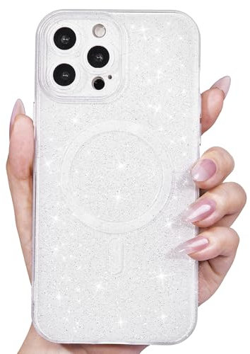 Svanove Glitter Case for iPhone 14 Pro Phone Case Magnetic Compatible with Magsafe, Sparkle Bling Shiny Cute Girly Design, Aesthetic Slim Soft TPU Mag Cover for Women Girl, White