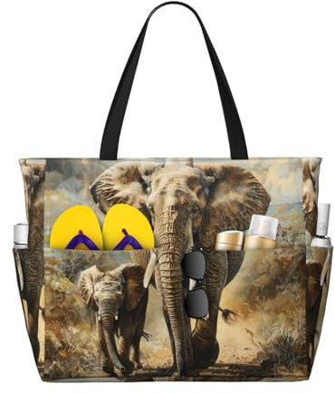 SDEGTHO MDATT Strandtasche für Damen, Motiv: alter Elefant und junger Elefant, große Strandtasche, Strandtasche mit Reißverschluss, Schwimmbadtasche, Schwarz, Einheitsgröße