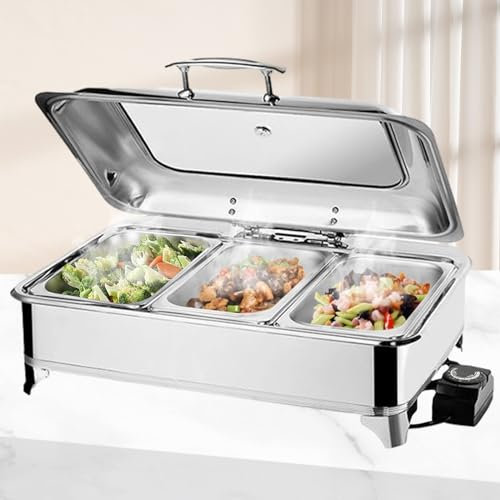BOVDC Chafing Dish Elektrisch, 9L Edelstahl Speisewärmer Buffetwärmer Einstellbare Temperatur, Warmhaltebehälter Essen Elektrisch mit Sichtbarem Glasdeckel(Temperatur-Einstellknopf, 1/3 Pan)