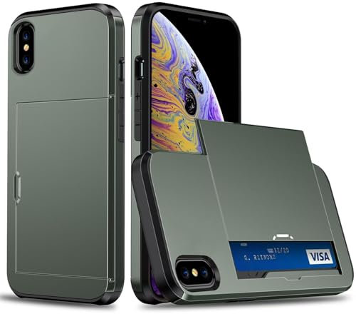 Beajew Funda Billetera para iPhone X/iPhone XS con Tarjetero, Carcasa Cartera Doble Capa Protectora Teléfono Antigolpes, Ranura Oculta Deslizante, TPU+PC Anti-Choque Case - Verde Militar