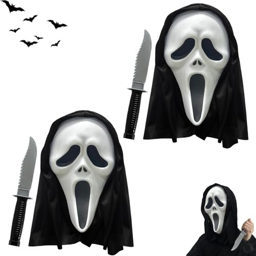 AOMAIGAD 2Pcs Máscara de Grito de Halloween,Ghost Face Mask con Cuchillo Falso,Fantasma Scream Máscara,Máscara fantasma,Máscara Ghostface,para Halloween Carnaval Cosplay (2 Mascarilla + 2 Cuchillo)