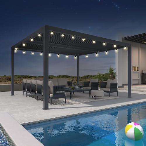 PURPLE LEAF Pergola Bioclimatique avec Guirlande Lumineuse Exterieure 4,24 x 3,68 m Pergola Aluminium Lames Orientables Superficie 15,6 m² Tonnelle de Jardin Pergola Jardin Extérieur,Gris