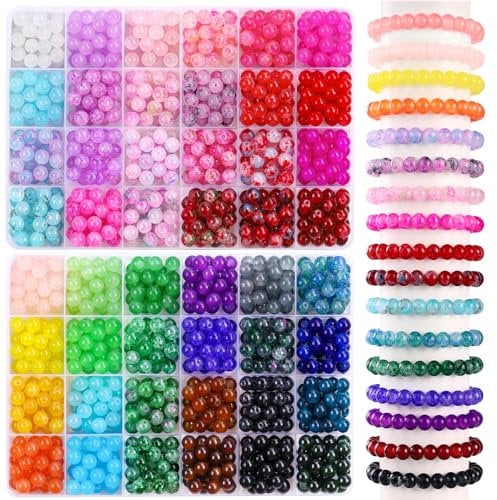 JOISHOP 960pcs Round Glass Beads for Bracelet Making Kit, 48 Colors 8mm Imitative Jade Beads Crystal Gemstone Beads for Jewellery Making Bracelet Necklace Phone Lanyard DIY Crafts