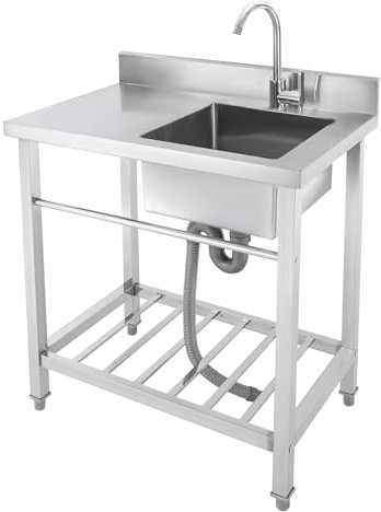 WooDerson Freistehende 201Edelstahl Spültisch 1 Becken, 85x55x84CM Mobile Spüle Multifunktions Edelstahl Küchenspüle für den Innen- und Außenbereich, Garagen, Gartengrill usw