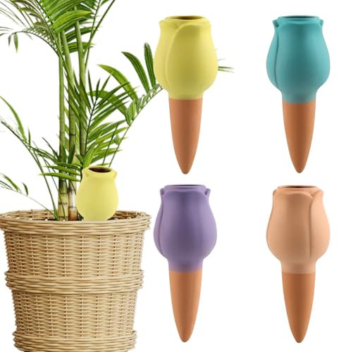 FairyPeach 4 Pcs Picos de Riego Arcilla, Riego por Goteo Automático Kit, Conos de Autorriego, Sistema de Riego Automático con Forma de Cono de Arcilla para Flores, Macetas y Plantas de Jardín (Kit-A)