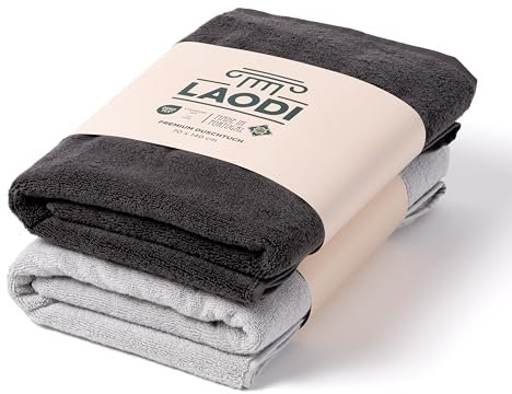 LAODI Premium Duschtuch 2er Set – 70x140 – 2-Farben-Set – Antarktis Grau + Gewittergrau – 100 % Baumwolle – 570 g/m² – Hergestellt in Portugal