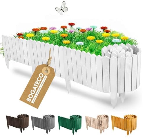 BOGATECO Recinzione per aiuole in legno, 20 cm di altezza e 200 cm di lunghezza, recinzione in legno, perfetta come bordo per aiuole o percorsi, colore bianco