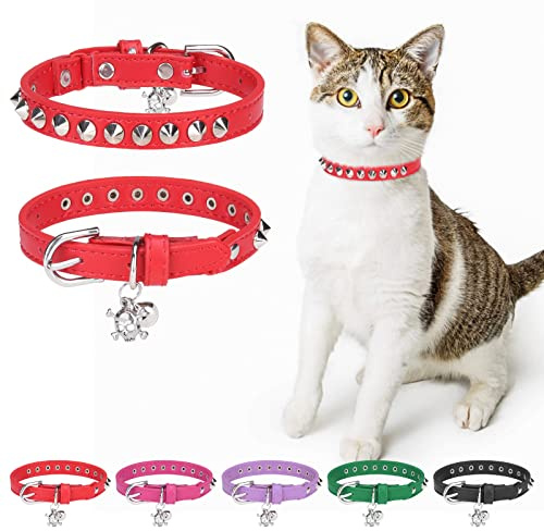 DILLYBUD Leather Cat Collar, Breakaway Kitten Collars with Bell, Red | Spiked & Studded, Cute for Boy Girl Small Pets, Goth Rivet Style, Safety Elastic Belt, Adjustable Buckle, Skull Charm, 7-9in
