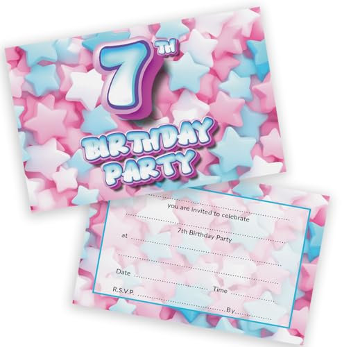 7th Birthday Party Invitations Kids - Sweet Marshmallow 20 Pack - Childrens Birthday Invitations for Boys/Girls A6 Bday Party Invites Invitation Cards with Folding Envelopes