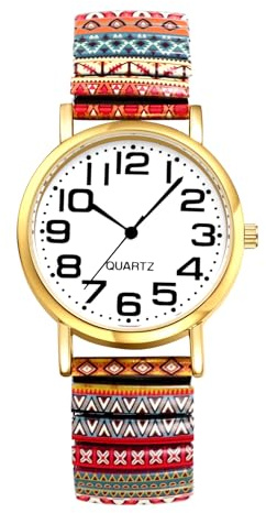 JewelryWe Elastic Wathces for Women: Floral Ladies Expanding Bracelet Easy Reader Analog Quartz Bohemia Stretch Band Casual Expansion Band Wristwatch