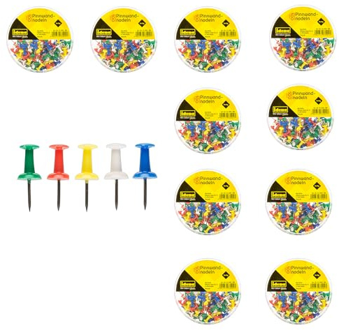 Idena 90375 - Pinnadeln 1000 Stück, Reißzwecken mit buntem Kunststoffkopf in 5 Farben, Pins in runder Aufbewahrungsbox