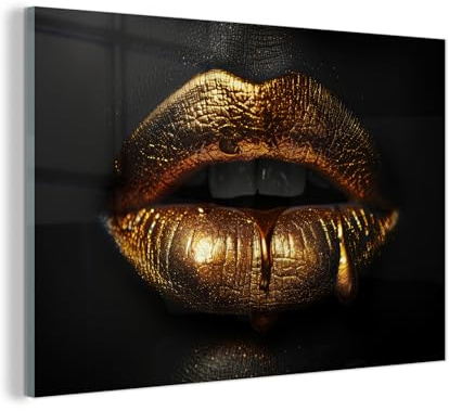 MuchoWow© Glasbild Wall Art Decoration Bilder für die Wand Schlafzimmer | 120x80 cm - Deko Canvas Painting Wanddekoration Wohnzimmer Frau - Lippen - Porträt - Gold - Schwarz