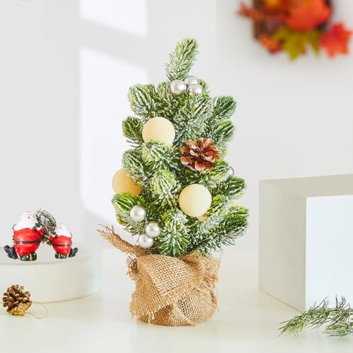 MYELLU Sackleinen Klein Kuenstlich Weihnachtsbaum Beleuchtung Deko - Kuenstlich Echt Christmas Tree mit LED für Innen Haus Tisch Fenster Teelichthalter Draussen Aussen(White Ornament)