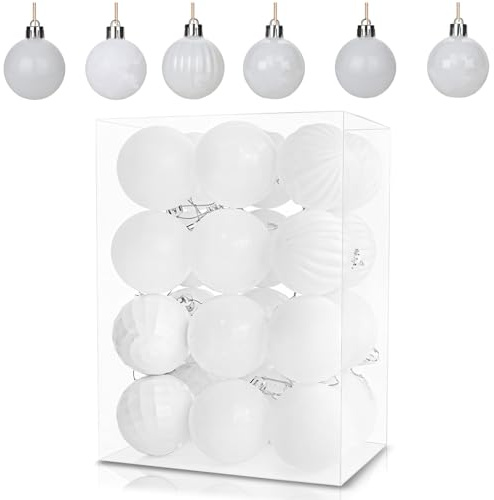 24Pcs White Baubles for Christmas Tree Decorations,60mm/2.36 Large Xmas Bauble Hanging Ball,Christma Balls Ornaments with String,Shatterproof White Christmas Baubles for Xmas Tree Holiday Party Decor
