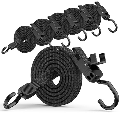 Rugtol Verstellbar Spanngummi mit Haken, 120cm Expander mit Schnellverschluss-Schnalle und Metallhaken 6er Set, Flach Gepäckspanner Schwarz, Extra Stark Gummispanner für Sonnensegel, Fahrrad, Tarps