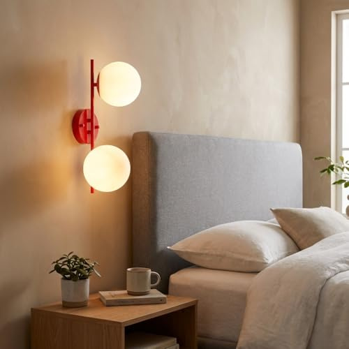 BARCELONA LED Wandlampe oder Deckenleuchte Doppel Kugel Glas Opal E27, Lampe Metall Rot Vintage Industrial Minimalistisch, Weiches Licht für Schlafzimmer Wohnzimmer Bad Flur Treppe Innen