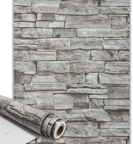 Qenlup Self Adhesive Brick Wallpaper 44.5x300cm Stone Contact Paper, Grey | Vintage Sticky Back Roll Waterproof 3D Retro For Living Room Bathroom Kitchen