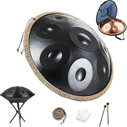 432hz 440Hz Steel Handpan Drum 9/10/12 Töne 56cm D-Moll-Handtrommel, Drum-Instrument Mit Schlägeln, Hand pan-Ständer & Tragetasche, für Erwachsene & Anfänger(Schwarz,432hz 9 Notes)