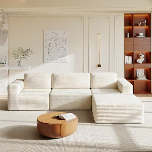 Vesgantti Modulares Cord-Ecksofa in Beige, 303 cm L-Form mit Schlaffunktion, Federkern und extra tiefer Sitzfläche, Flexibles Design mit beweglichem Fußhocker, kein Aufbau nötig