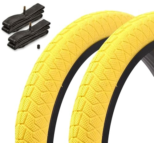 Kenda BMX Reifen Set 20 x 1,95 Zoll – ca. 610 g – Drahtreifen – inkl. Kujo Schläuche AV – auffälliges Design – Park & Street – gelb