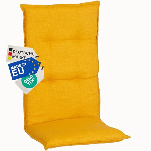 NYVI Gartenstuhl Auflage Hochlehner Barcelona - UV-Beständig, Atmungsaktiv, Strapazierfähig - Hochlehnerauflage Sitzkissen Outdoor - Sitzauflagen für Gartenstühle 118x50cm Senfgelb