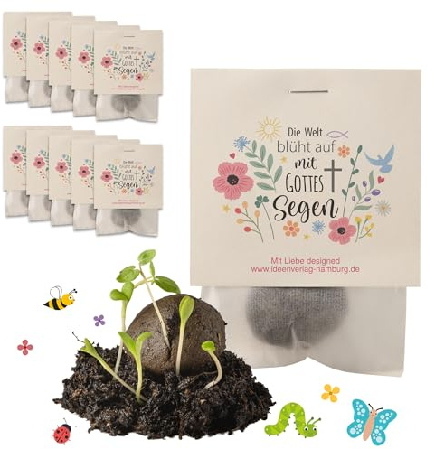 10x Blühsegen Samenbomben als Blumensamen Gastgeschenk Kommunion | Dankeschön Geschenke klein zur Taufe & Gastgeschenk Konfirmation, kleine Geschenke zur Kommunion, Geschenkset, schön das du da bist