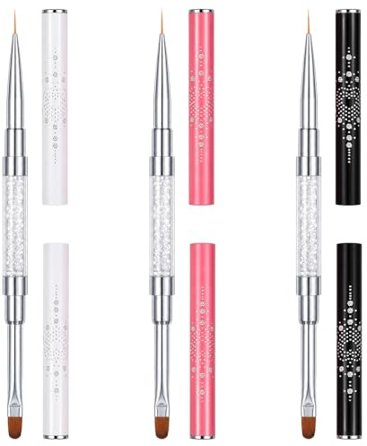 3Pcs Dual Ended Hard Gel Nail Brushes, Gel Nail Brush | Spatula & Liner Brush with Rhinestone Handles, Professionall Nail Art Design Tools Builder Gel, DIY Manicure & Salon Use