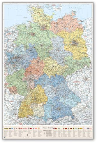 J.Bauer Karten Pinnwand im Alu-Rahmen: Deutschland-Karte politisch Bundesländer, 80 x 120 cm, mit Wappen und Relief-Schummerung