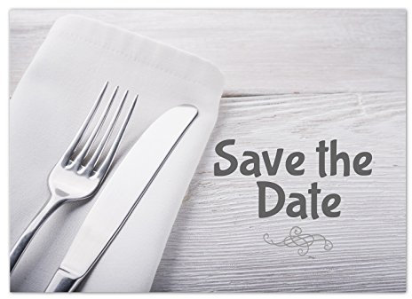 10 x Save the Date Karten mit Umschlag/Besteck neutral Grau/Abendessen/Essen/Dinner/Hochzeit/Party/Einladung/Verkündung