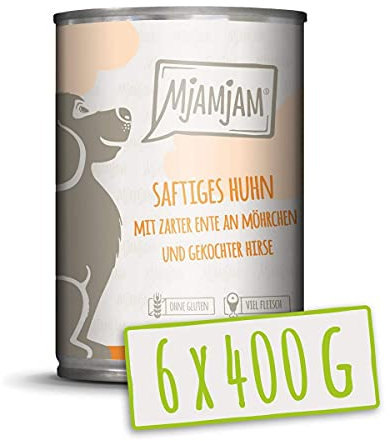 MjAMjAM - Premium Nassfutter für Hunde - saftiges Huhn mit zarter Ente an Möhrchen und gekochter Hirse, 6er Pack (6 x 400 g), getreidefrei mit extra viel Fleisch