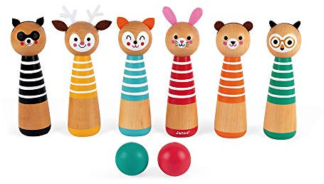 Janod - Happy Garden - Mi Primer Juego de Bolos, Juego de Exteriores para Niños, 6 Bolos y 2 Bolas en Madera - Desde Los 3 Años, J03200